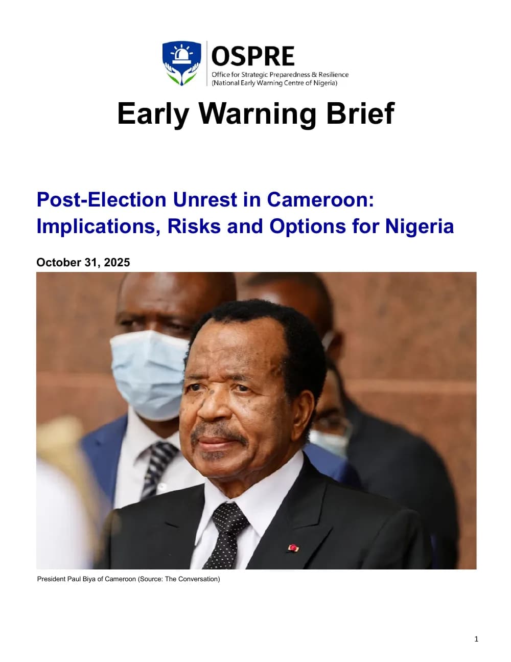 Early Warning Brief: Post-Election Unrest in Cameroon — cover