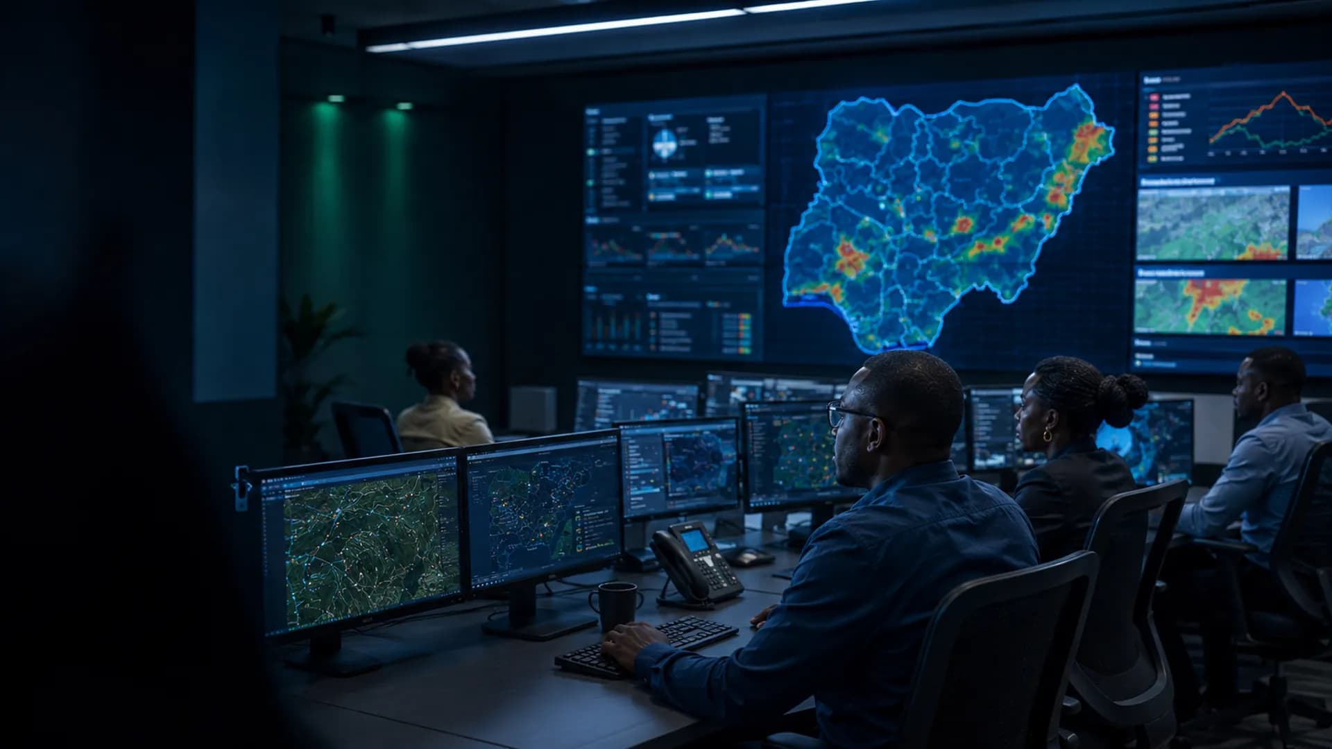 OSPRE analysts monitoring a national early-warning dashboard with a live risk heat-map of Nigeria
